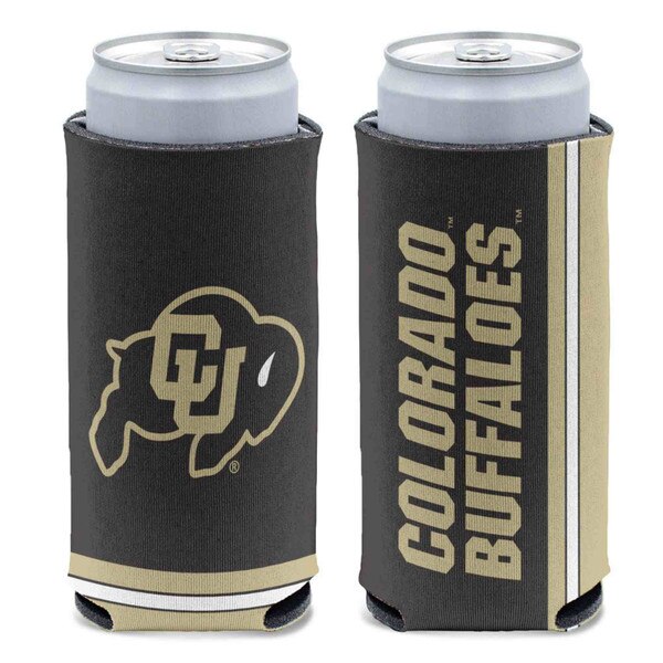Black slim can cooler with gold CU Buffaloes logo on front and “Colorado Buffaloes” text on back.